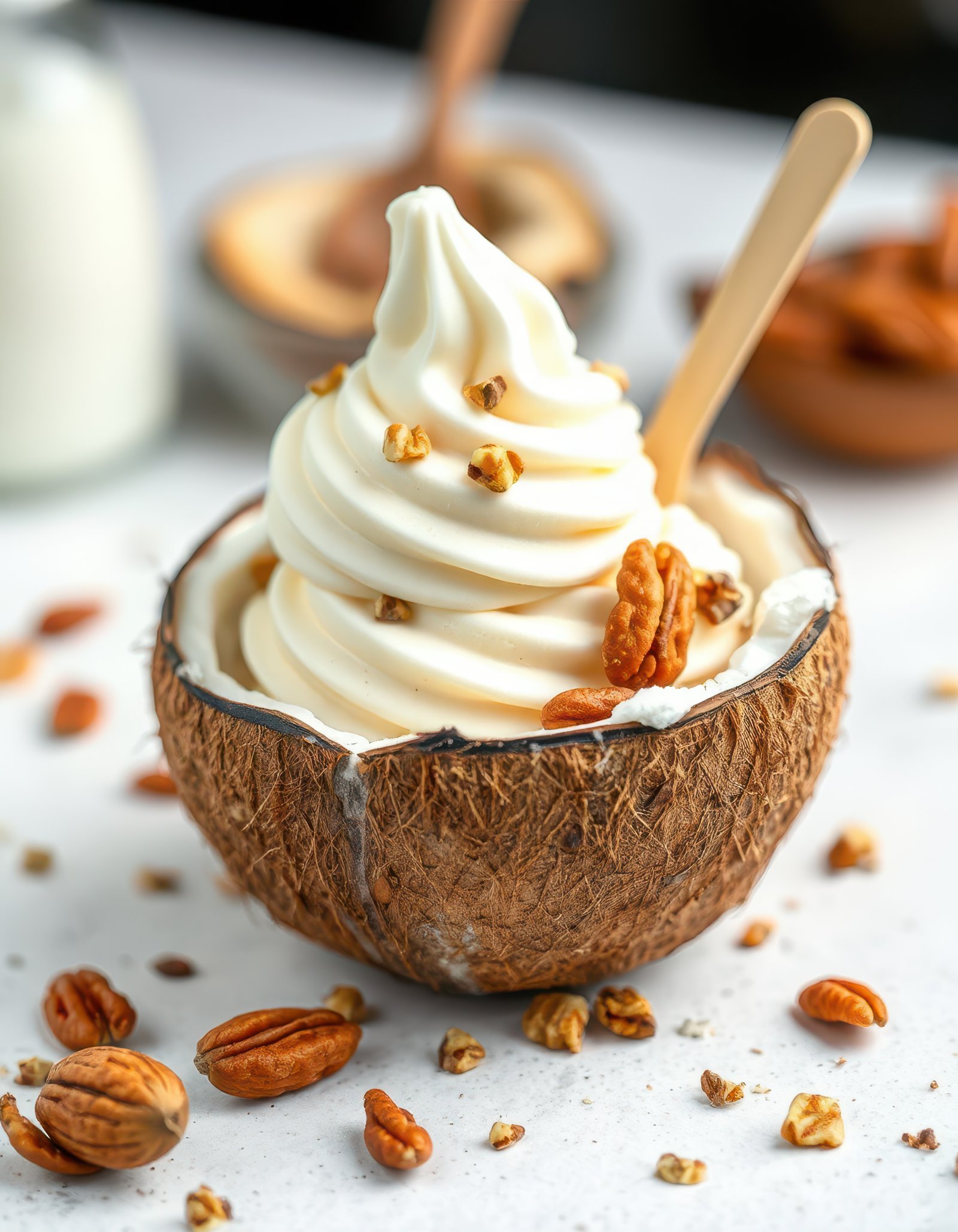 Soft serve ice cream served in a coconut shell with pecans on a marble table